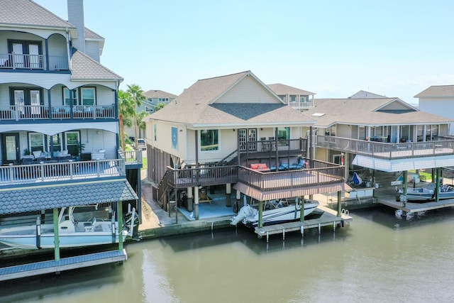 back of property featuring roof with shingles, boat lift, a water view, a residential view, and stairs