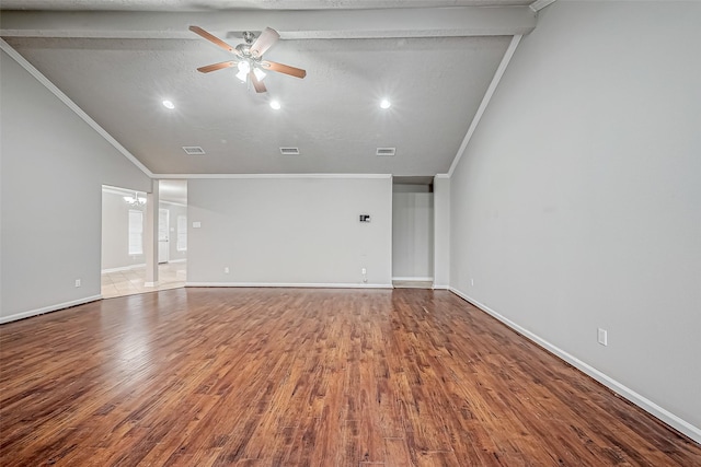 unfurnished living room with crown molding, visible vents, lofted ceiling with beams, wood finished floors, and ceiling fan with notable chandelier