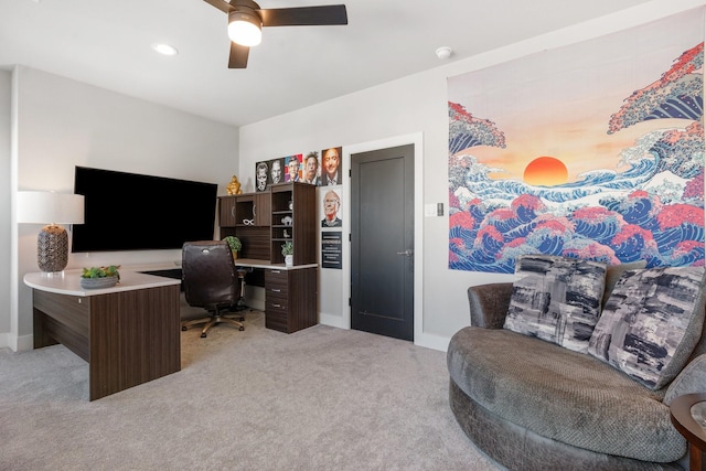 office area with light carpet, ceiling fan, recessed lighting, and baseboards