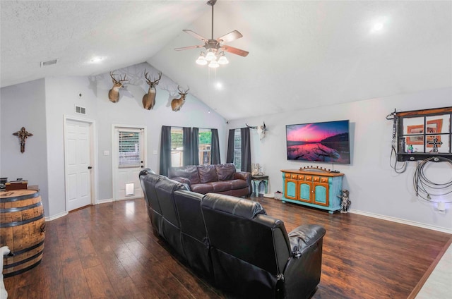 living area featuring baseboards, visible vents, a ceiling fan, wood finished floors, and a textured ceiling