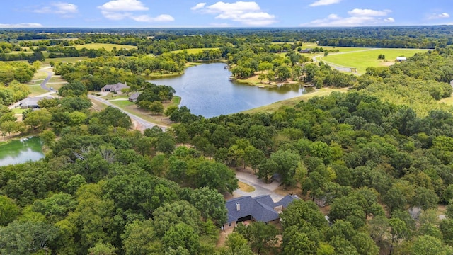 birds eye view of property with a water view and a view of trees