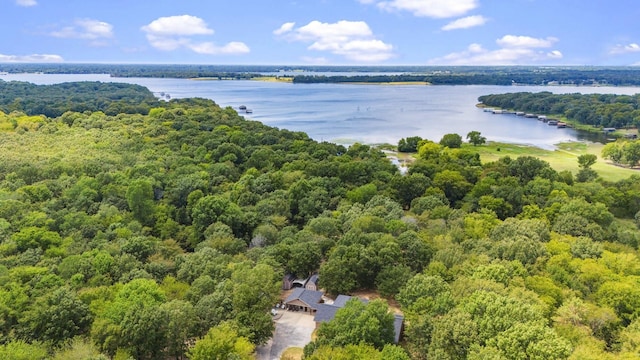 birds eye view of property featuring a water view and a view of trees