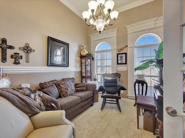 living room featuring crown molding, an inviting chandelier, a towering ceiling, and light colored carpet