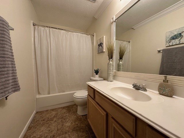 bathroom with shower / bath combination with curtain, toilet, ornamental molding, a textured ceiling, and vanity