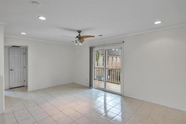 spare room featuring light tile patterned floors, recessed lighting, a ceiling fan, baseboards, and ornamental molding