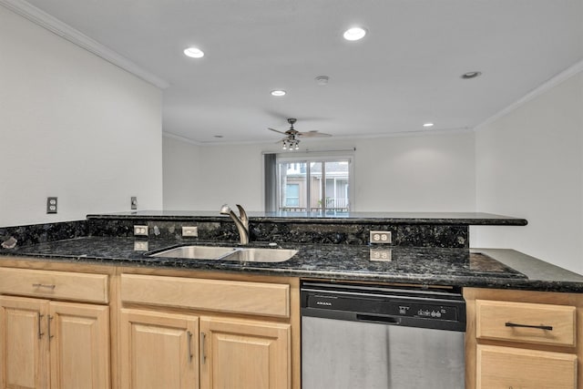 kitchen with crown molding, light brown cabinets, dishwasher, and a sink