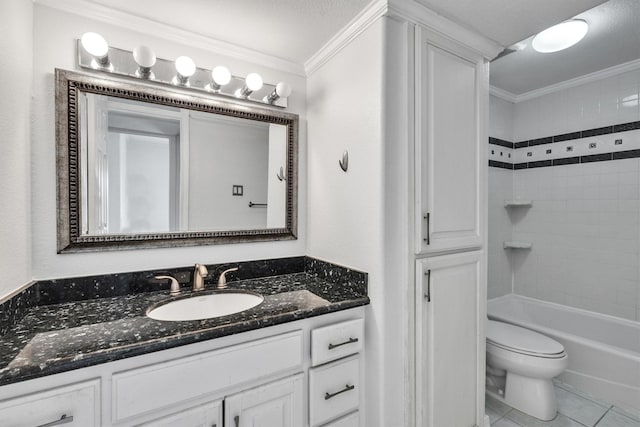 full bath featuring toilet, ornamental molding, vanity, shower / tub combination, and tile patterned floors