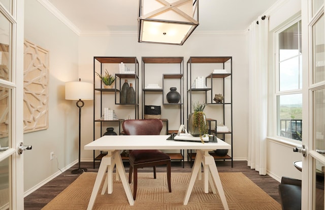 office with baseboards, french doors, dark wood finished floors, and crown molding