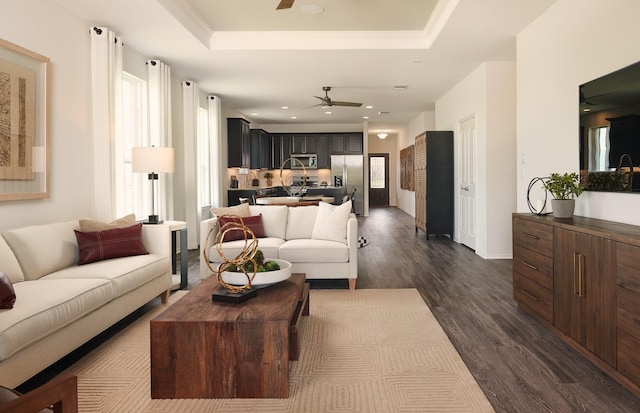 living area with a wealth of natural light, a tray ceiling, and dark wood-style flooring