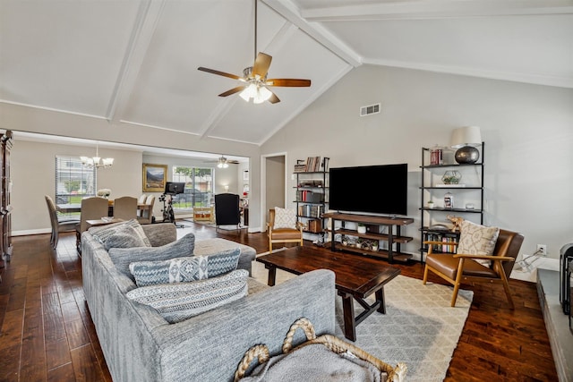 living room with high vaulted ceiling, visible vents, baseboards, beam ceiling, and wood-type flooring