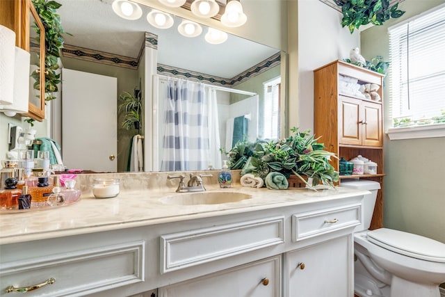 bathroom with vanity, toilet, and a shower with curtain