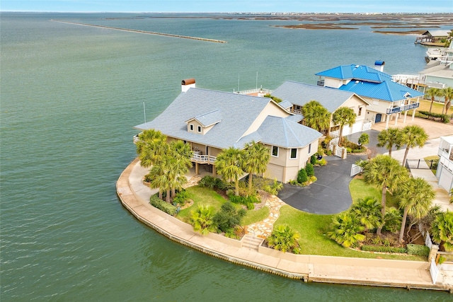 drone / aerial view featuring a water view