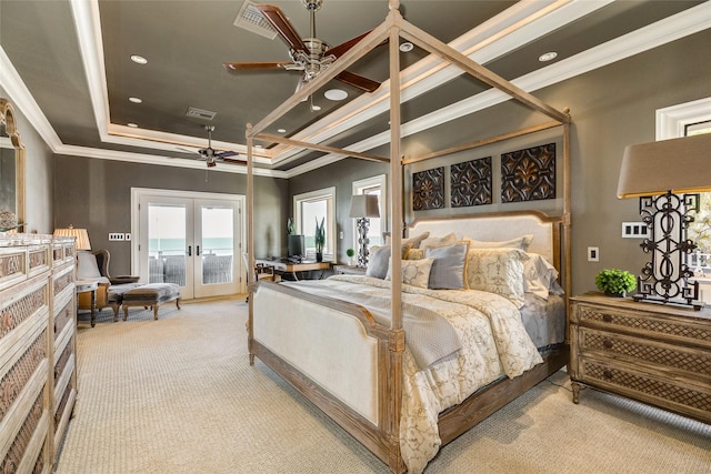 bedroom featuring access to outside, ornamental molding, carpet flooring, and french doors