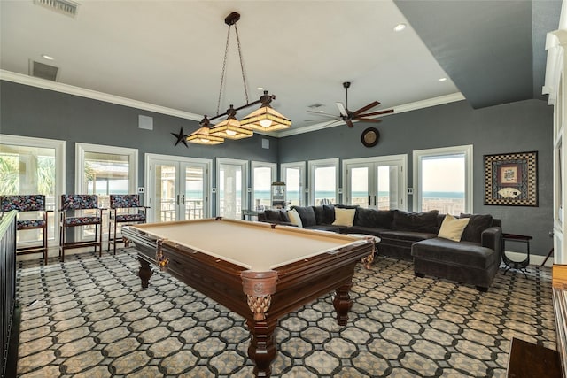 playroom with recessed lighting, billiards, visible vents, french doors, and crown molding