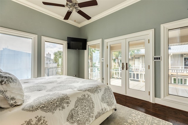 bedroom featuring ceiling fan, access to outside, ornamental molding, french doors, and dark wood-style floors