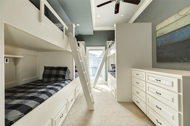 bedroom featuring light carpet, recessed lighting, a ceiling fan, and crown molding