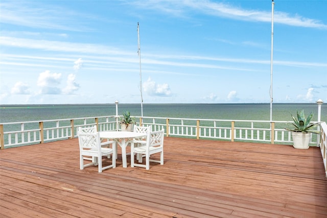 wooden terrace featuring a water view