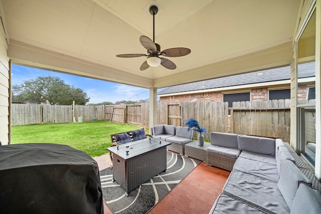 view of patio with a ceiling fan, a fenced backyard, an outdoor living space, and area for grilling