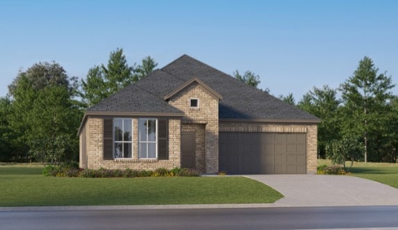 view of front of home with a garage, brick siding, concrete driveway, and a front yard