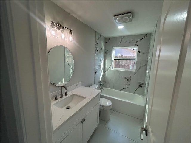 bathroom featuring shower / bath combination, visible vents, toilet, tile patterned flooring, and vanity