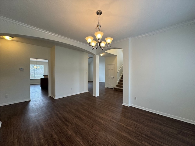 unfurnished dining area featuring a chandelier, dark wood-style flooring, and baseboards