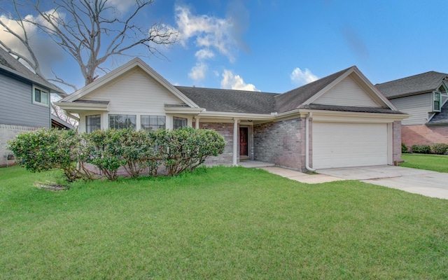 ranch-style home featuring a garage, concrete driveway, brick siding, and a front lawn