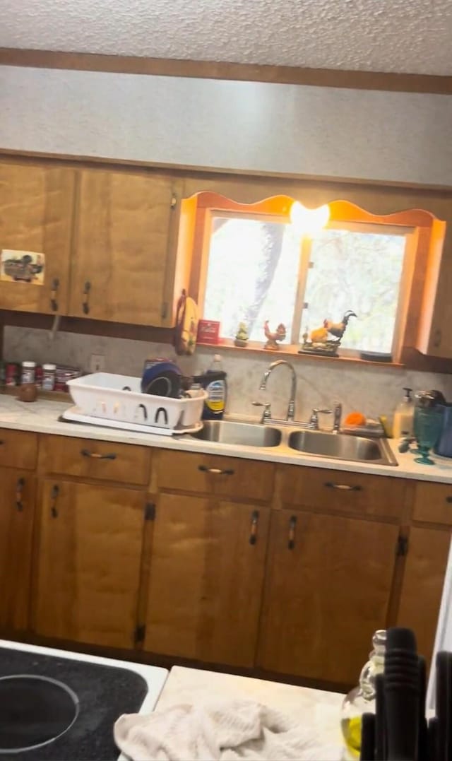 kitchen with brown cabinets, a wealth of natural light, light countertops, and a sink