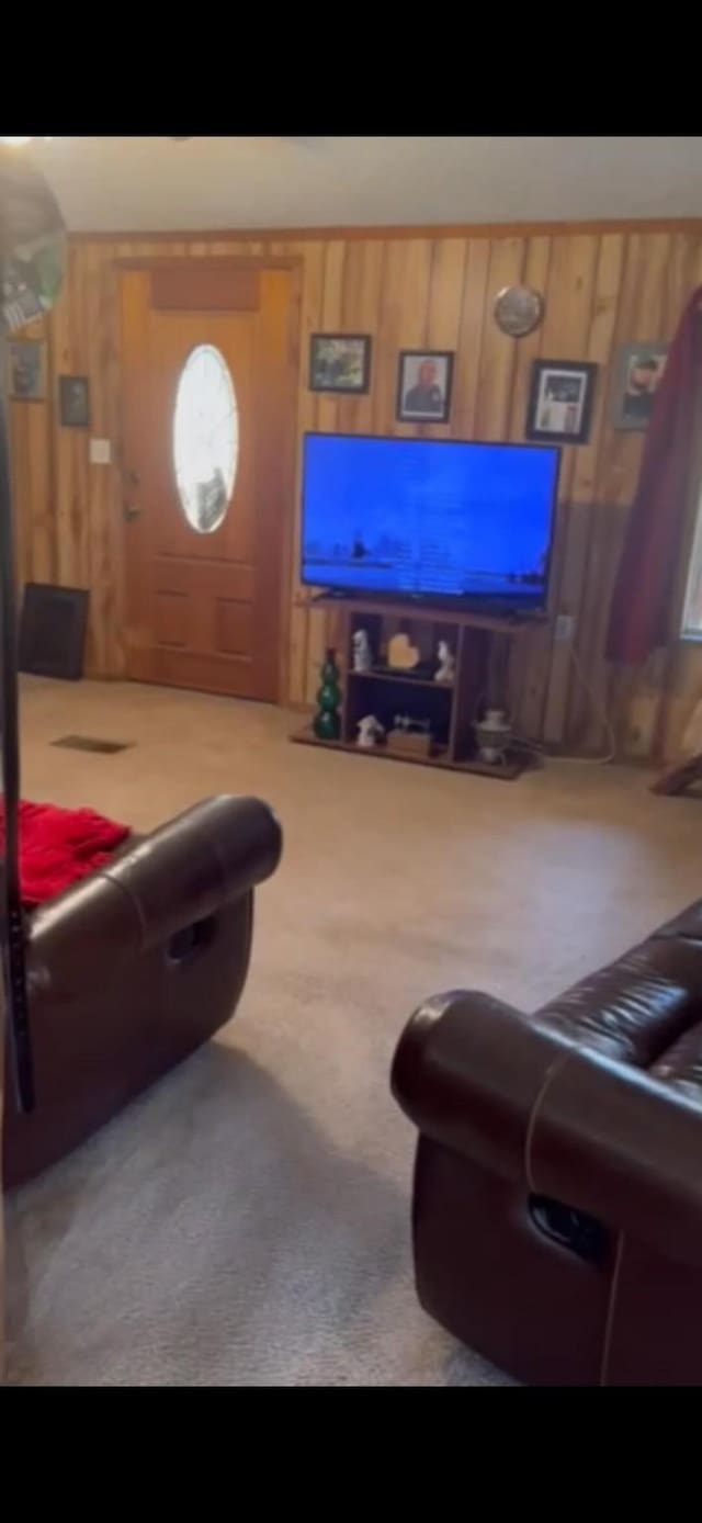 living area featuring carpet floors and wooden walls