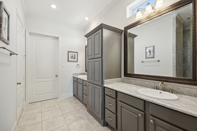 full bathroom featuring recessed lighting, ornamental molding, vanity, baseboards, and tile patterned floors