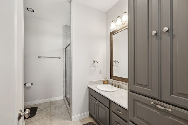 bathroom featuring tile patterned flooring, a shower stall, vanity, and baseboards