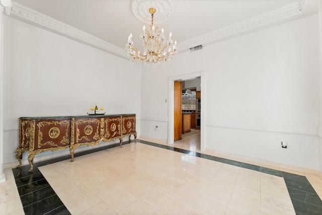 interior space with a chandelier, visible vents, and crown molding