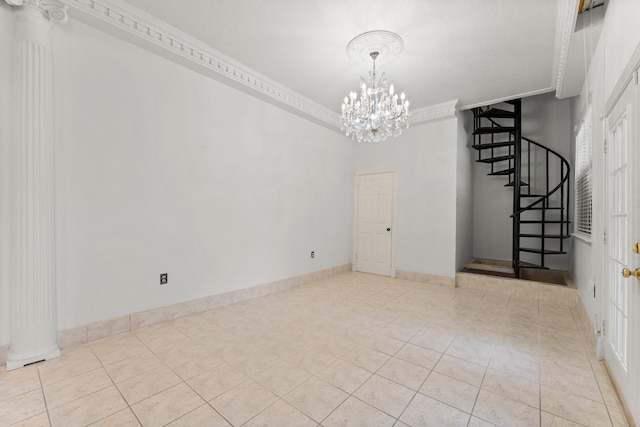 spare room with baseboards, stairway, tile patterned flooring, crown molding, and a chandelier