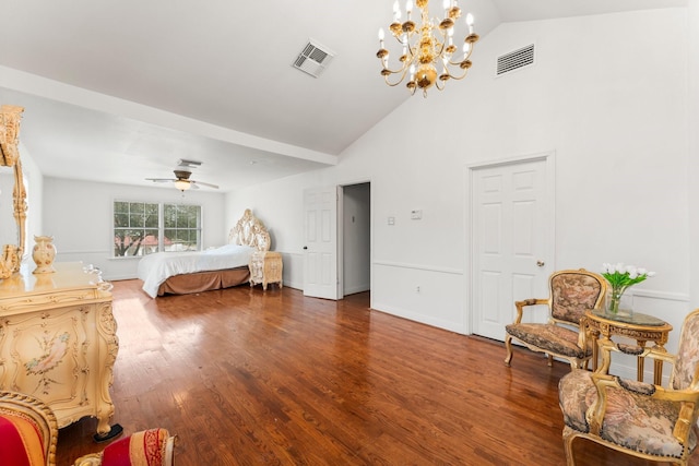 bedroom with high vaulted ceiling, wood finished floors, visible vents, and baseboards