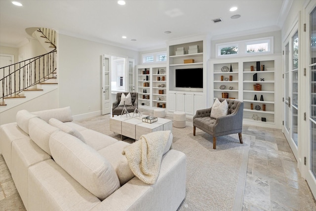 living room featuring stairs, crown molding, and recessed lighting