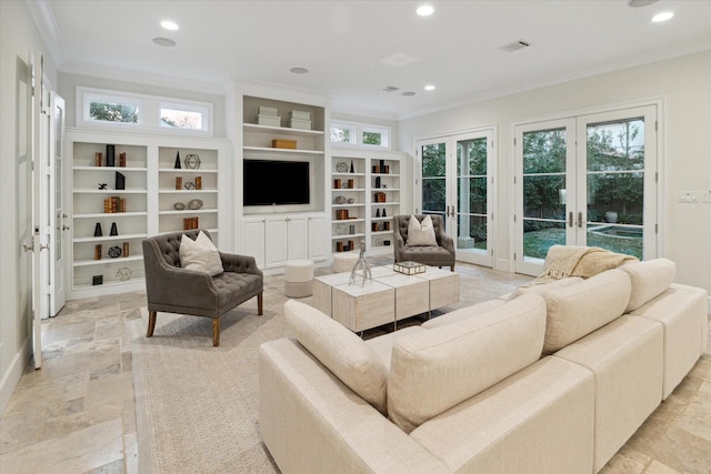 living area with ornamental molding, recessed lighting, french doors, and visible vents