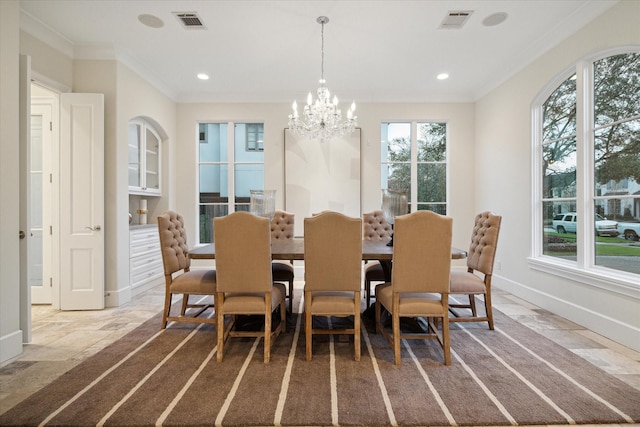 dining room with baseboards, stone tile floors, visible vents, and crown molding