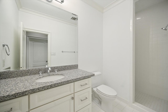 full bath featuring a stall shower, toilet, ornamental molding, tile patterned floors, and vanity