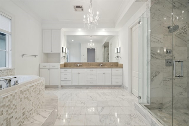 bathroom featuring marble finish floor, ornamental molding, visible vents, and an inviting chandelier