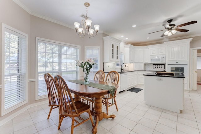 dining room with crown molding, light tile patterned floors, recessed lighting, visible vents, and ceiling fan with notable chandelier