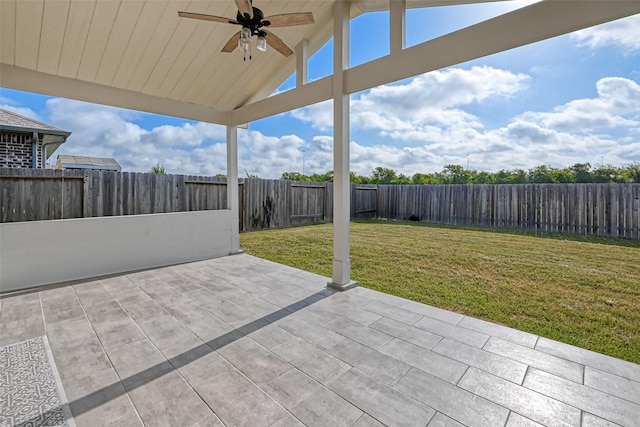 view of patio featuring a fenced backyard and ceiling fan