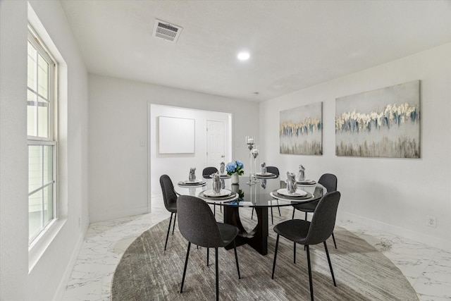 dining room with marble finish floor, recessed lighting, visible vents, and baseboards