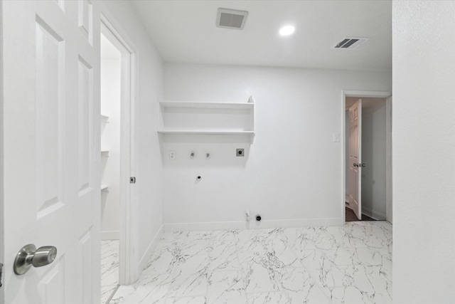 washroom with hookup for a gas dryer, marble finish floor, hookup for an electric dryer, and visible vents