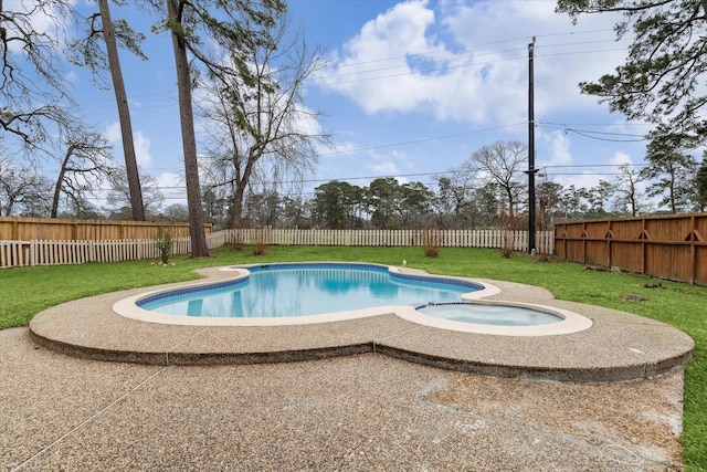 view of swimming pool featuring a lawn, a fenced backyard, and a fenced in pool