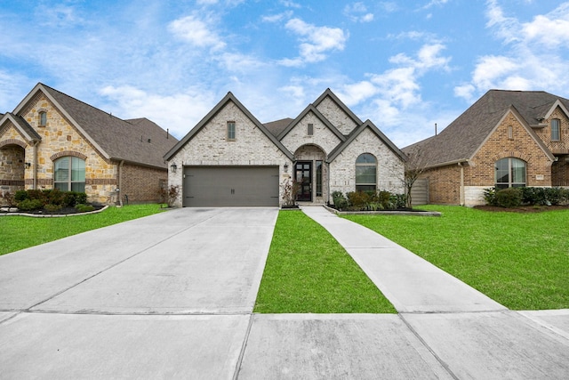 french country inspired facade with driveway, brick siding, an attached garage, and a front yard