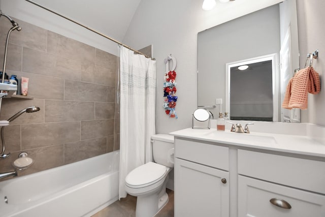 full bathroom with shower / tub combo, vaulted ceiling, vanity, and toilet