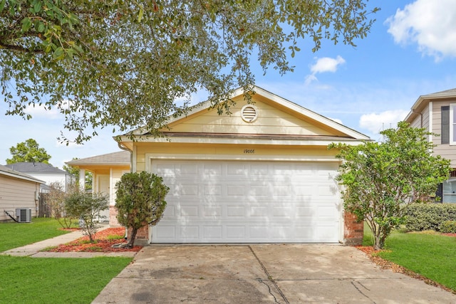 single story home with central AC and a front lawn