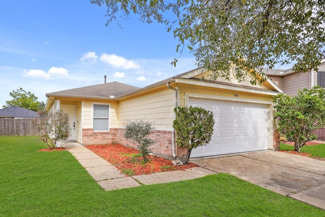 ranch-style house with brick siding, concrete driveway, fence, a garage, and a front lawn