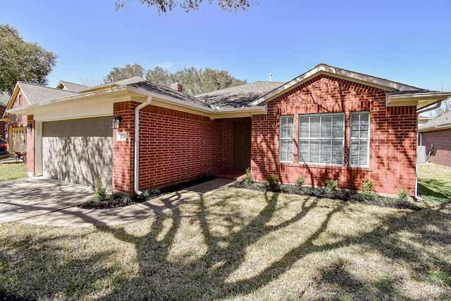 ranch-style home featuring a garage, a front lawn, concrete driveway, and brick siding