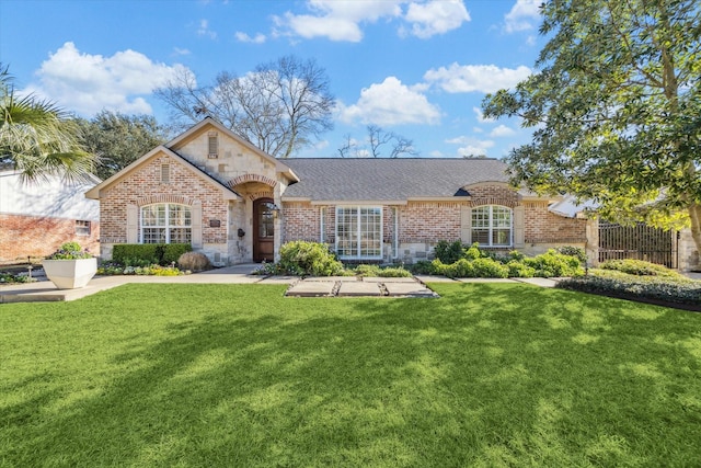 view of front of house with brick siding, roof with shingles, stone siding, and a front yard