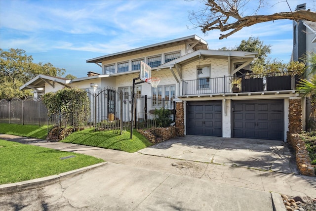 view of front facade featuring a garage, stucco siding, concrete driveway, a balcony, and fence private yard